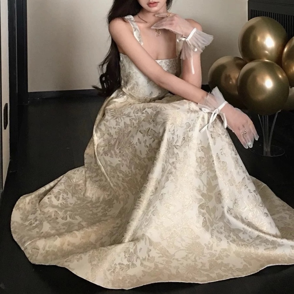 Luxury White Strapless Gold Butterfly Motif Maxi Dress - Picture 12 of 16